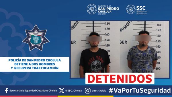 POLICÍA DE SAN PEDRO CHOLULA DETIENE A DOS HOMBRES Y RECUPERA TRACTOCAMIÓN ROBADO EN XOXTLA