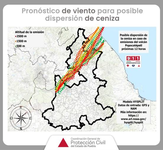 Pronóstico de viento para posible dispersión de ceniza