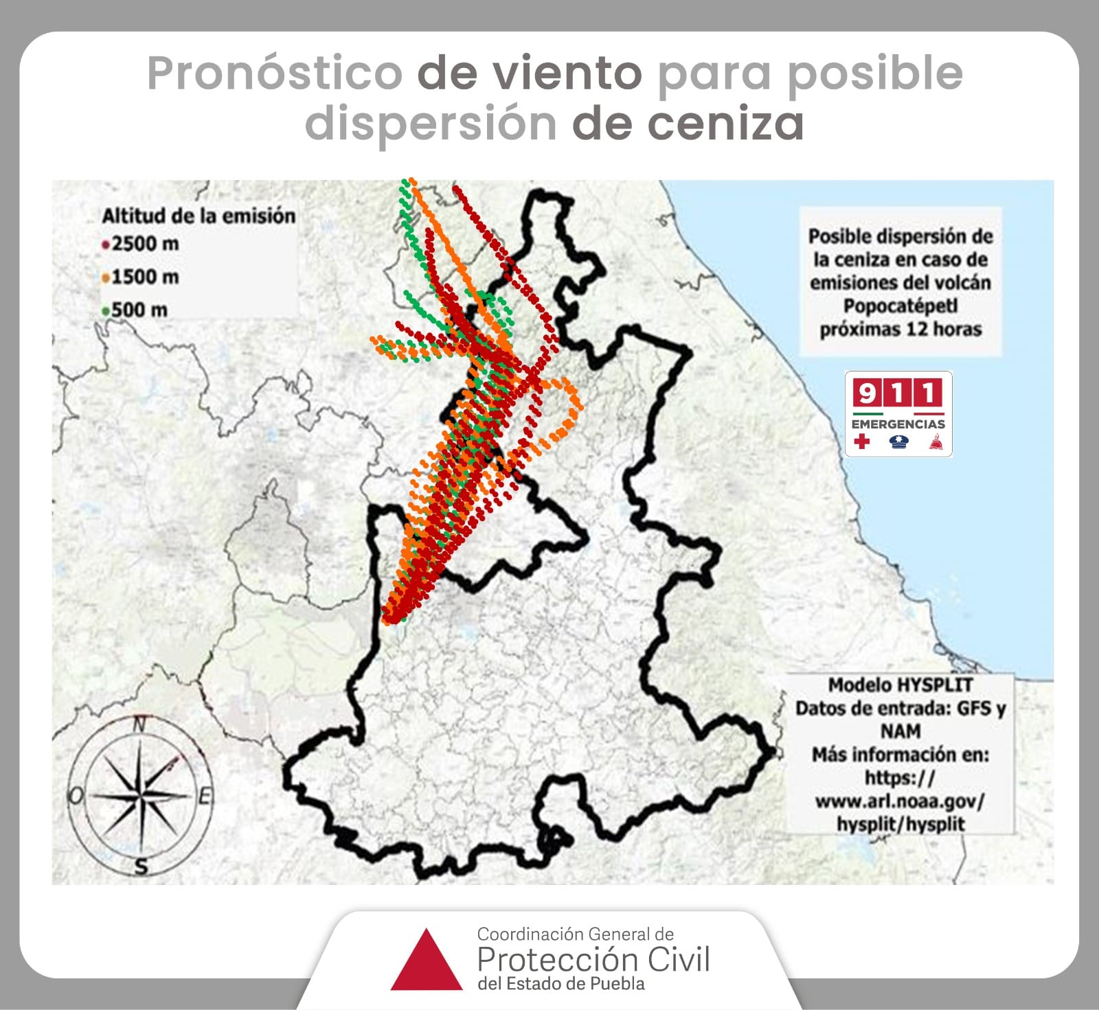 Pronóstico de viento para posible dispersión de ceniza