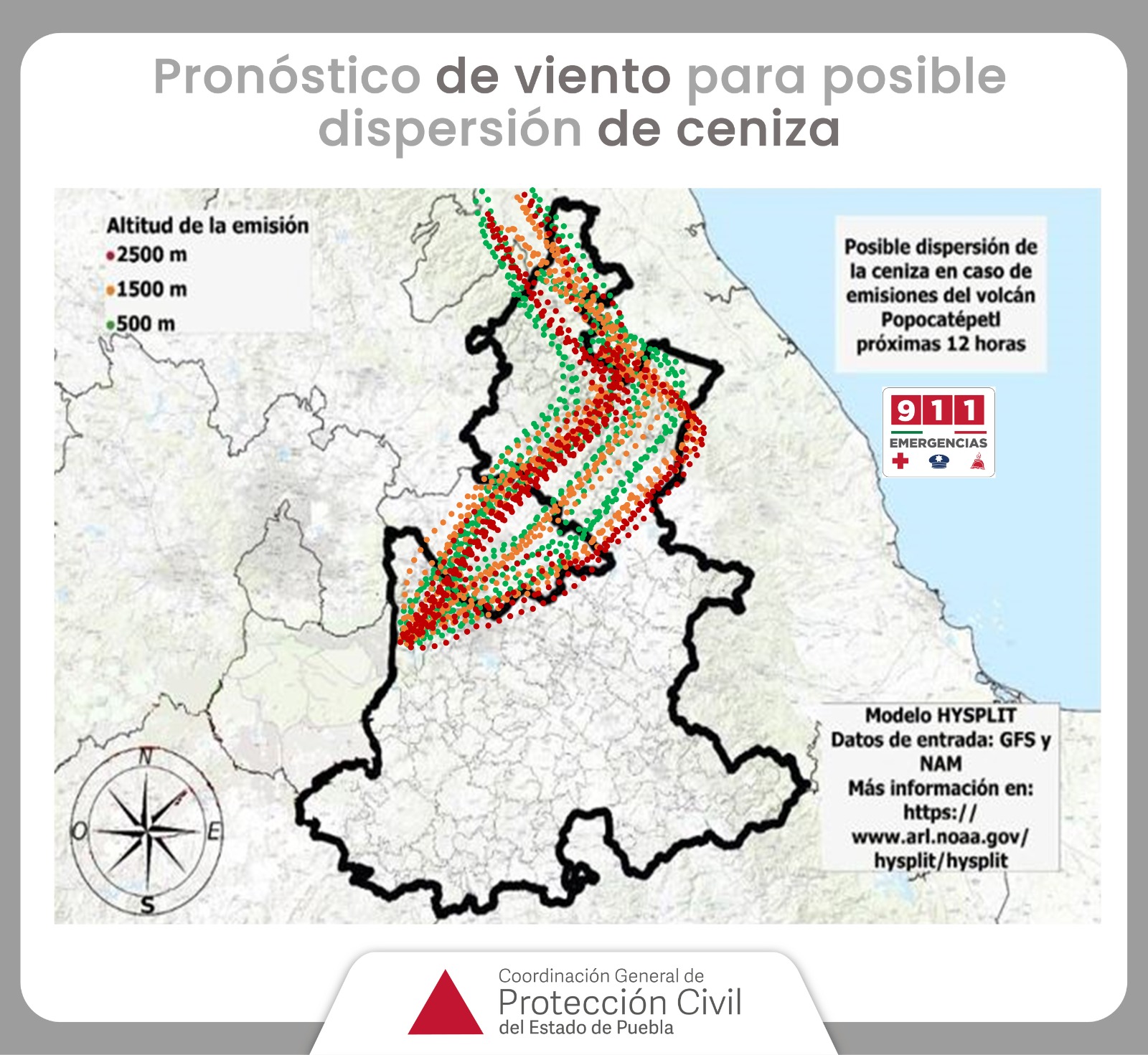 Pronóstico de viento para posible dispersión de ceniza