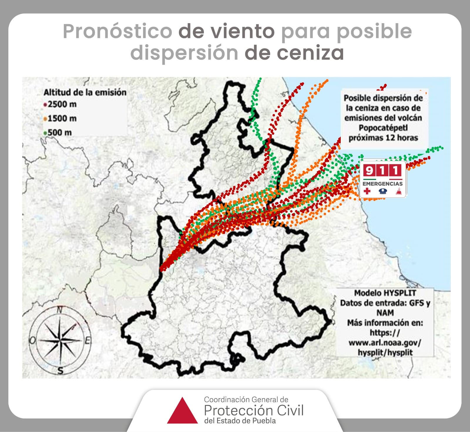 Pronóstico de viento para posible dispersión de ceniza