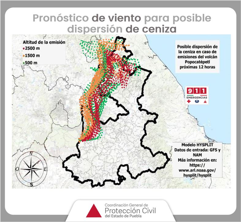 Pronóstico de viento para posible dispersión de ceniza