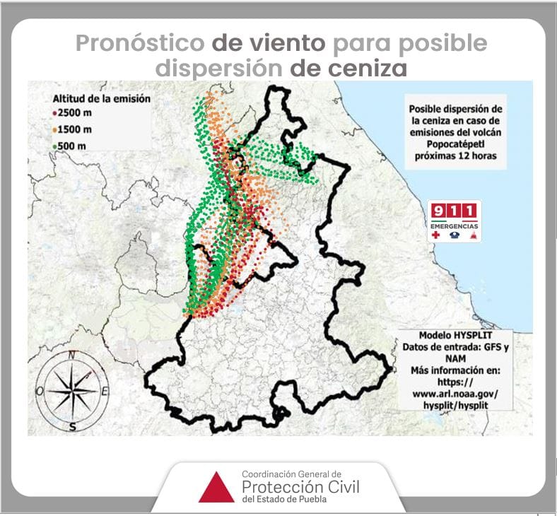 Pronóstico de viento para posible dispersión de ceniza