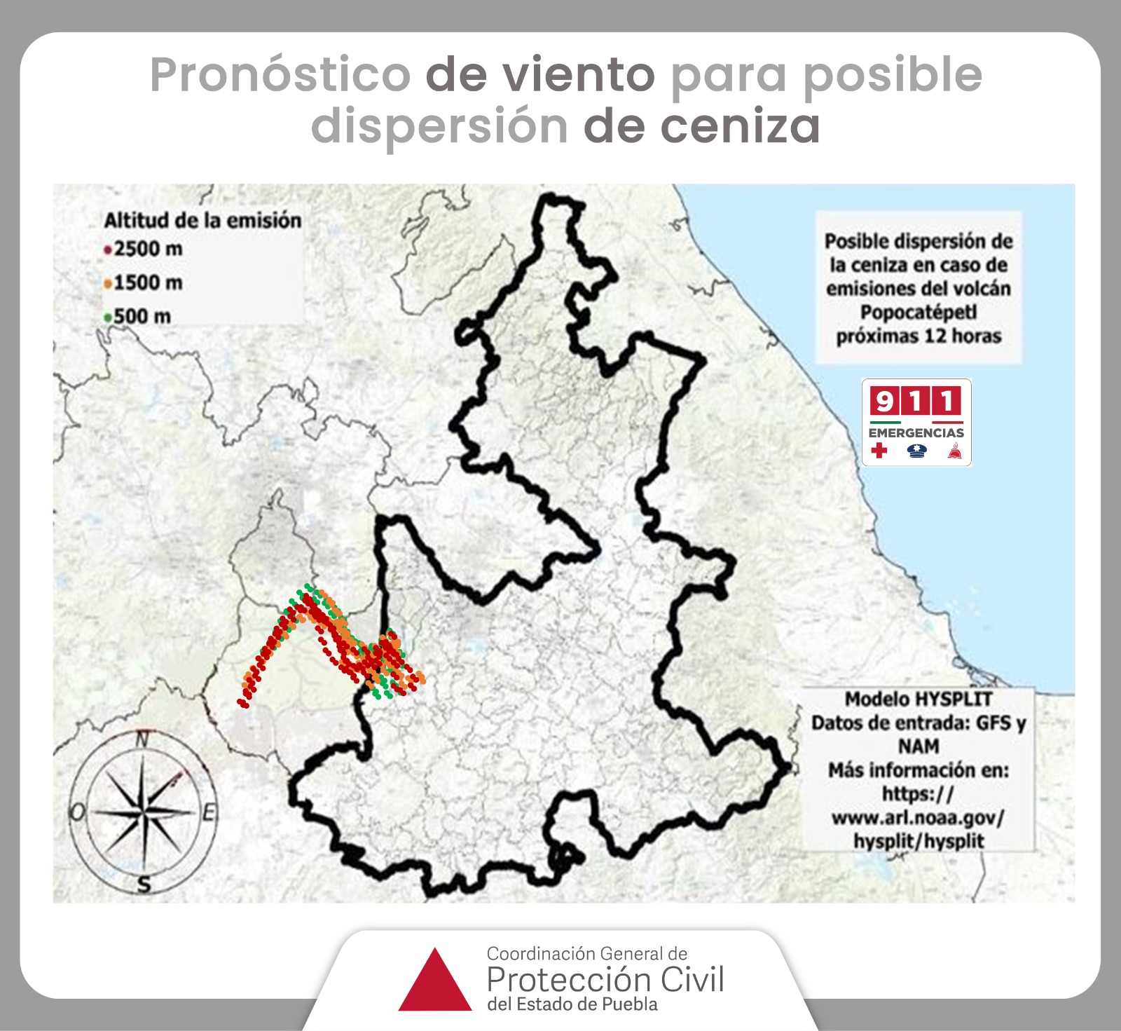 Pronóstico de viento de posible dispersión de ceniza