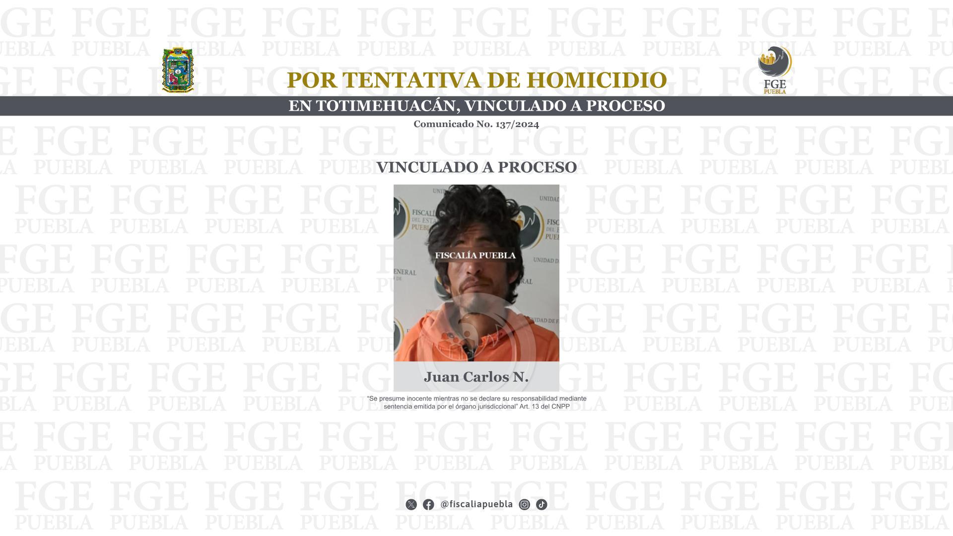 Por tentativa de homicidio en Totimehuacán, vinculado a proceso