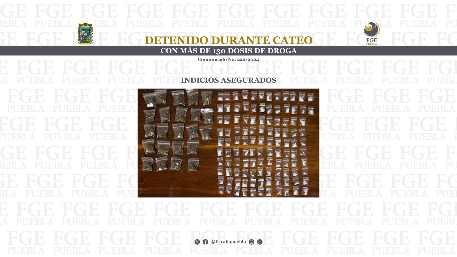 Detenido durante cateo en Atlixco, con más de 130 dosis de droga