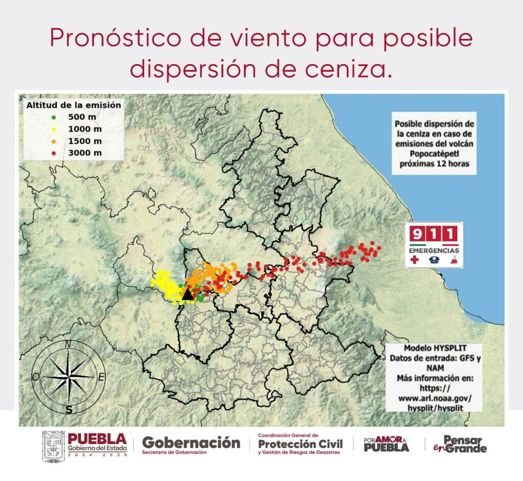 Pronóstico de viento para posible dispersión de ceniza