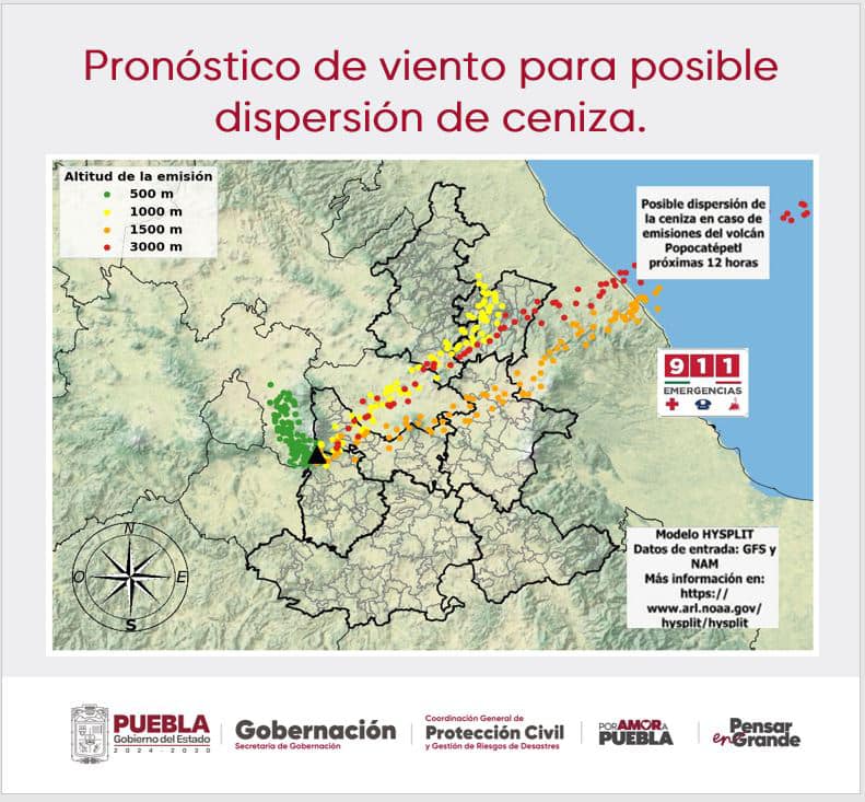 Pronóstico de viento para posible dispersión de ceniza en caso de emisiones del volcán Popocatépetl, podría dirigirse al noreste, regiones de: