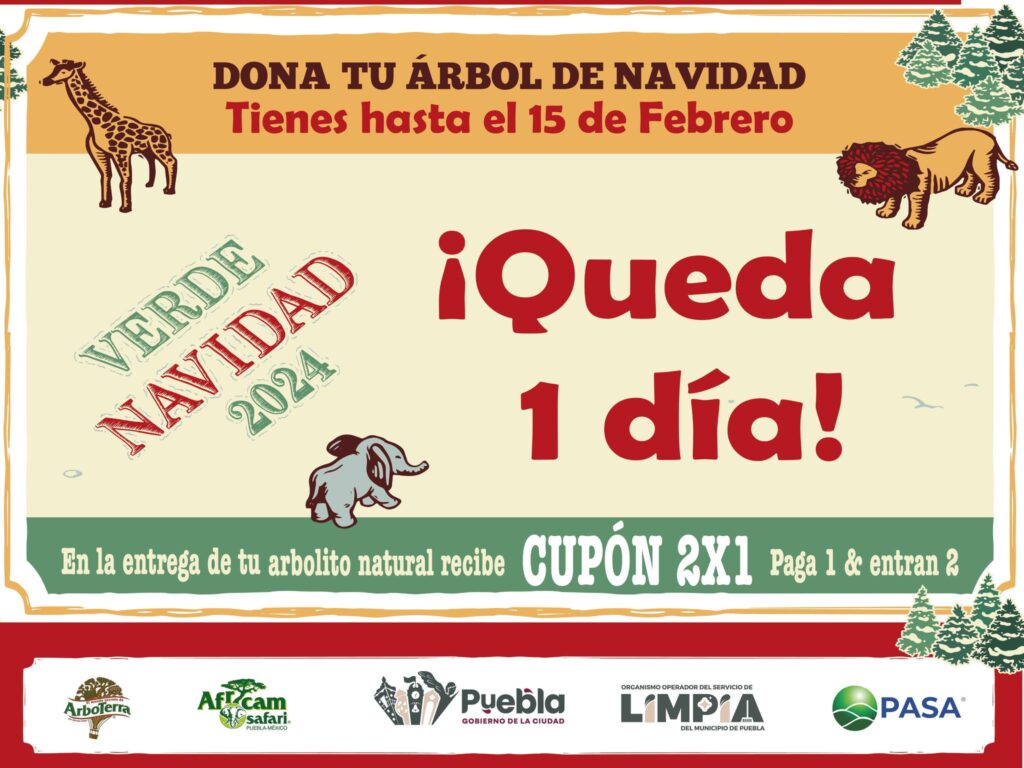 ¡Aún puedes aprovechar!🌲 Lleva tu árbol de Navidad a nuestros centros de acopio y recibe un cupón 2×1 🎟 para Africam Safari o ArboTerra.